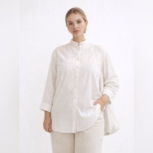Vintage TESS Embroidered Cotton Blouse White Mandarin Collar Boho Cottagecore16